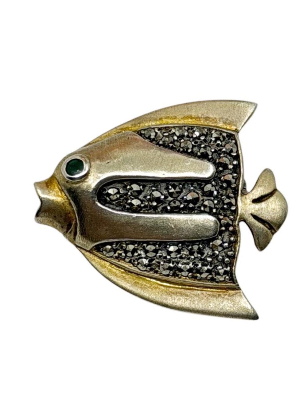 Gold vermeil sterling silver emerald marcasite fish brooch - GM2